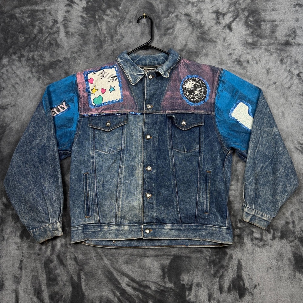 Expressions Denim Jacket Womens Large Blue Custom Painted Patch Sequin Hollywood